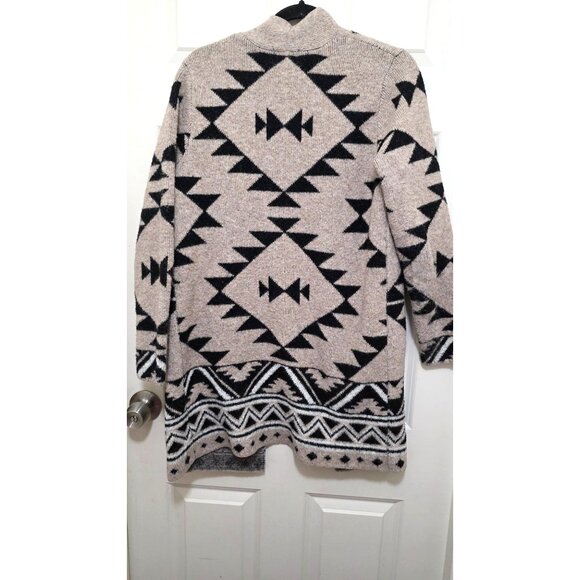 Frye Beige & Black Aztec Open Front Cardigan Sweater M Longline - Picture 3 of 6